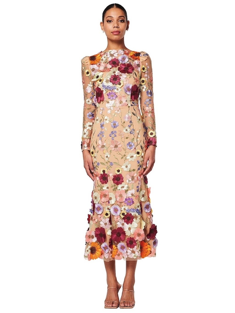 Floral Appliqué Sheer Long-Sleeve Midi Dress - Multi - Picture 3 of 11